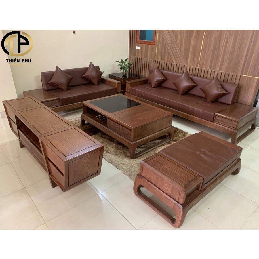 Hàng Kỹ - Sofa Gỗ Cao Cấp TP-168, Gỗ Sồi Nga Màu Óc Chó, Đệm mút K43, Da nỉ tùy chọn giá xưởng