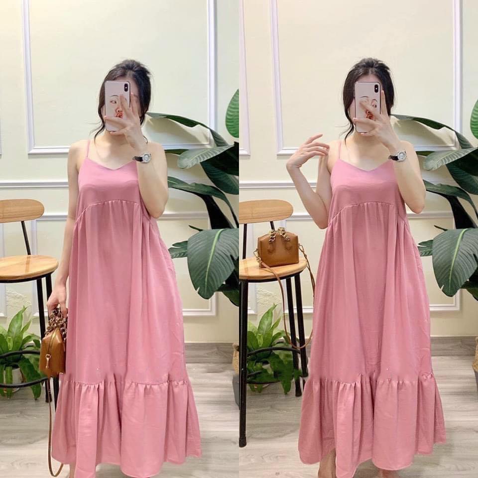 Váy bầu hai dây thời trang thiết kế M470 vải đũi chun freesize Mom and Baby