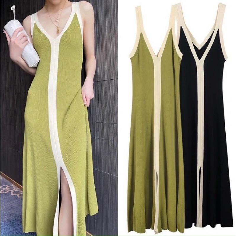 Đầm váy len nữ dệt kim cổ V phom suông phối viền xẻ trước sexy