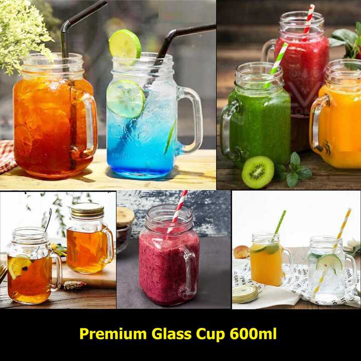 Ly thủy tinh có quai nắp đậy 600ml – ca đựng nước thuỷ tinh nắp thiếc có lỗ cắm ống hút – đựng nước ép, trà sữa, cafe, sữa tươi độc đáo