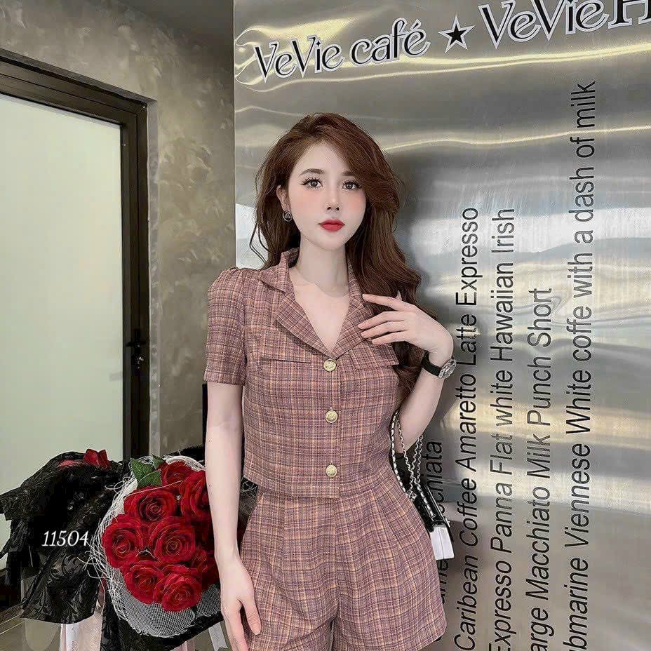 Set bộ vest cotton lụa dày sọc nữ quần ngắn mặc nhà dạo phố trẻ trung