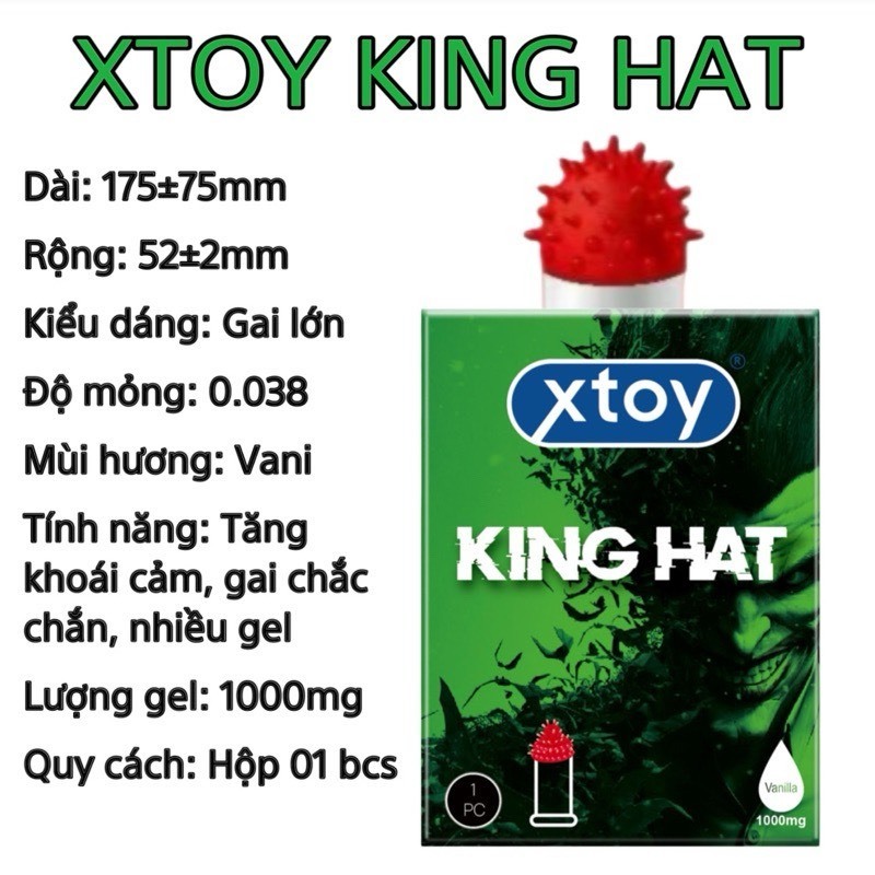 Bao cao su gai XTOY KING HAT gai lớn, tăng khoái cảm, nhiều gel, hương vani - hộp 1 chiếc