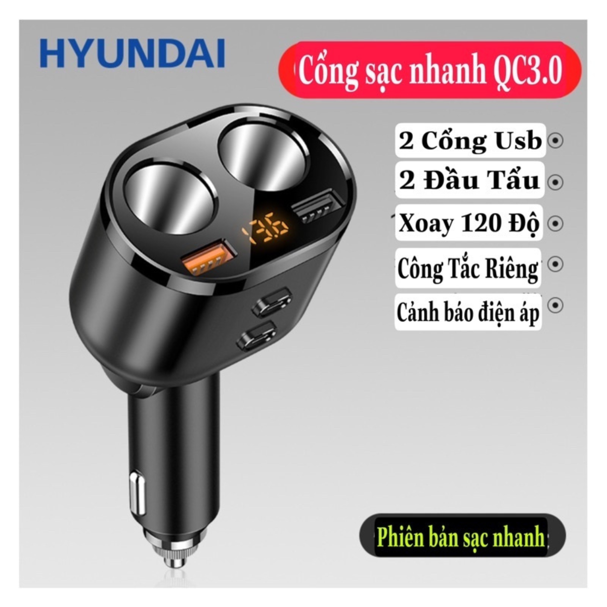Tẩu sạc nhanh ô tô xe hơi Hyundai HY-10 HY-16 80w/120w QC3.0 - Cốc chia tẩu sạc nhanh phù với mọi dòng xe