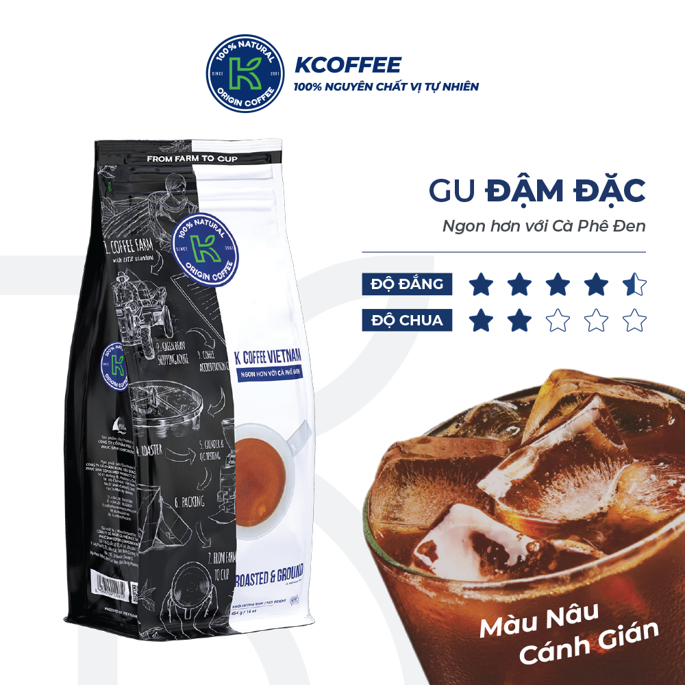 Cà phê rang xay 100% nguyên chất Robusta Arabica xuất khẩu Vietnam Morning thương hiệu K Coffee (454g/gói)