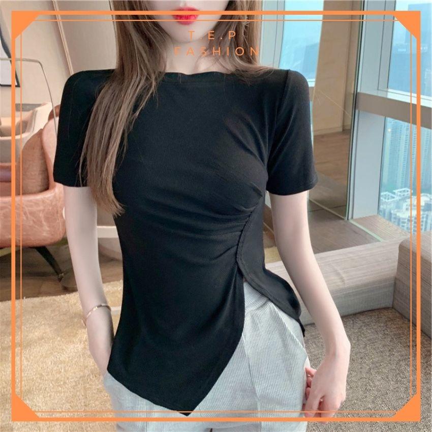 Áo Phông Nữ Ngắn Tay Cổ Tròn Nhún Eo Xẻ Tà Cách Điệu Tep Fashion - AP009