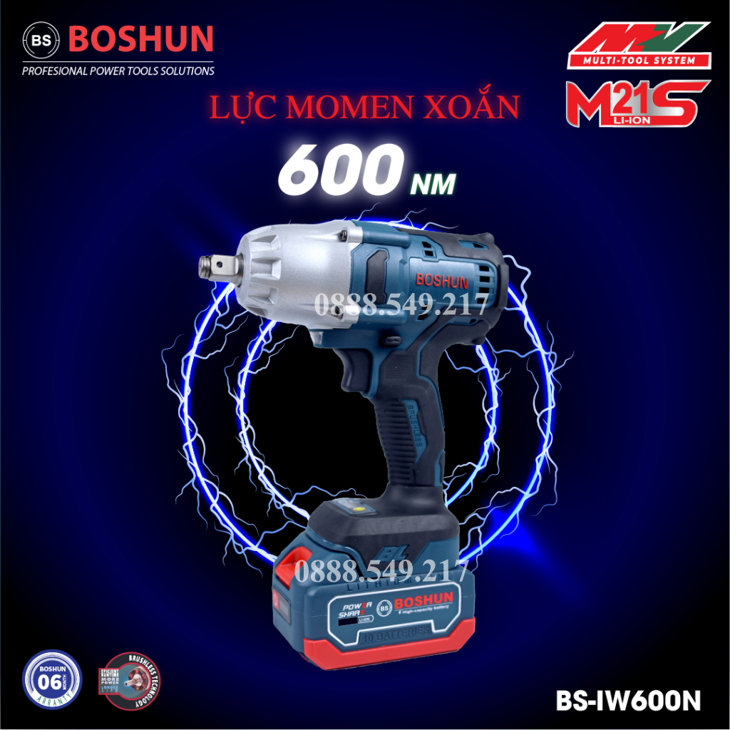 Máy siết Bulong Boshun BS-IW600N - Không chổi than, Động cơ lõi đồng, Siêu khỏe - Chuẩn Pin 10 cell