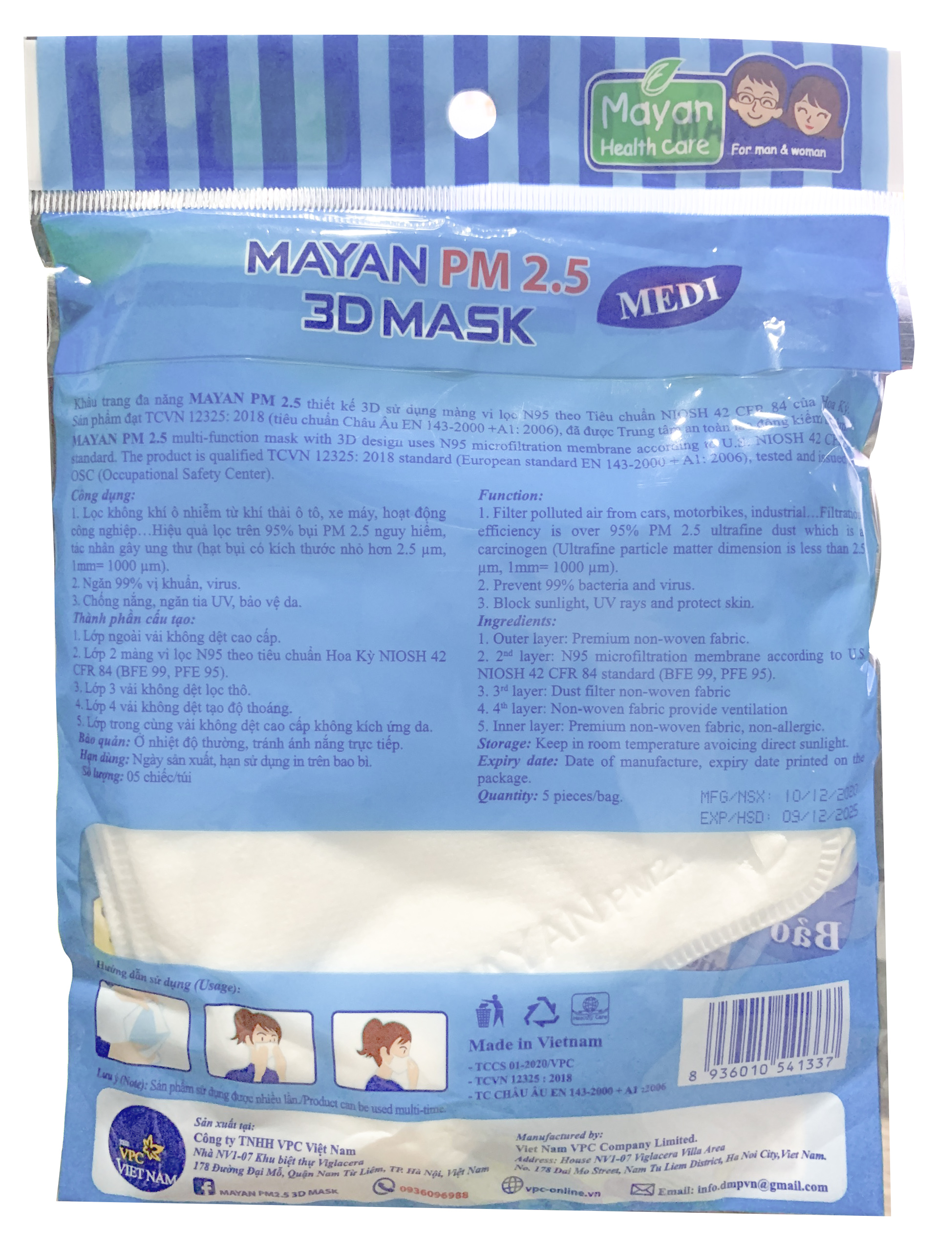 Khẩu Trang Mayan 3D Mask Chống Bụi PM 2.5 Gói 5 Miếng