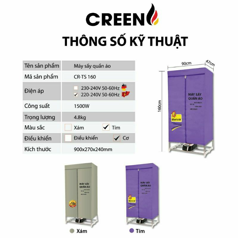 Máy sấy, tủ sấy quần áo CREEN CR-TS160 - 1500W- sấy 20Kg - Vân Phương Shop Bảo hành 12 tháng. - hàng chính hãng