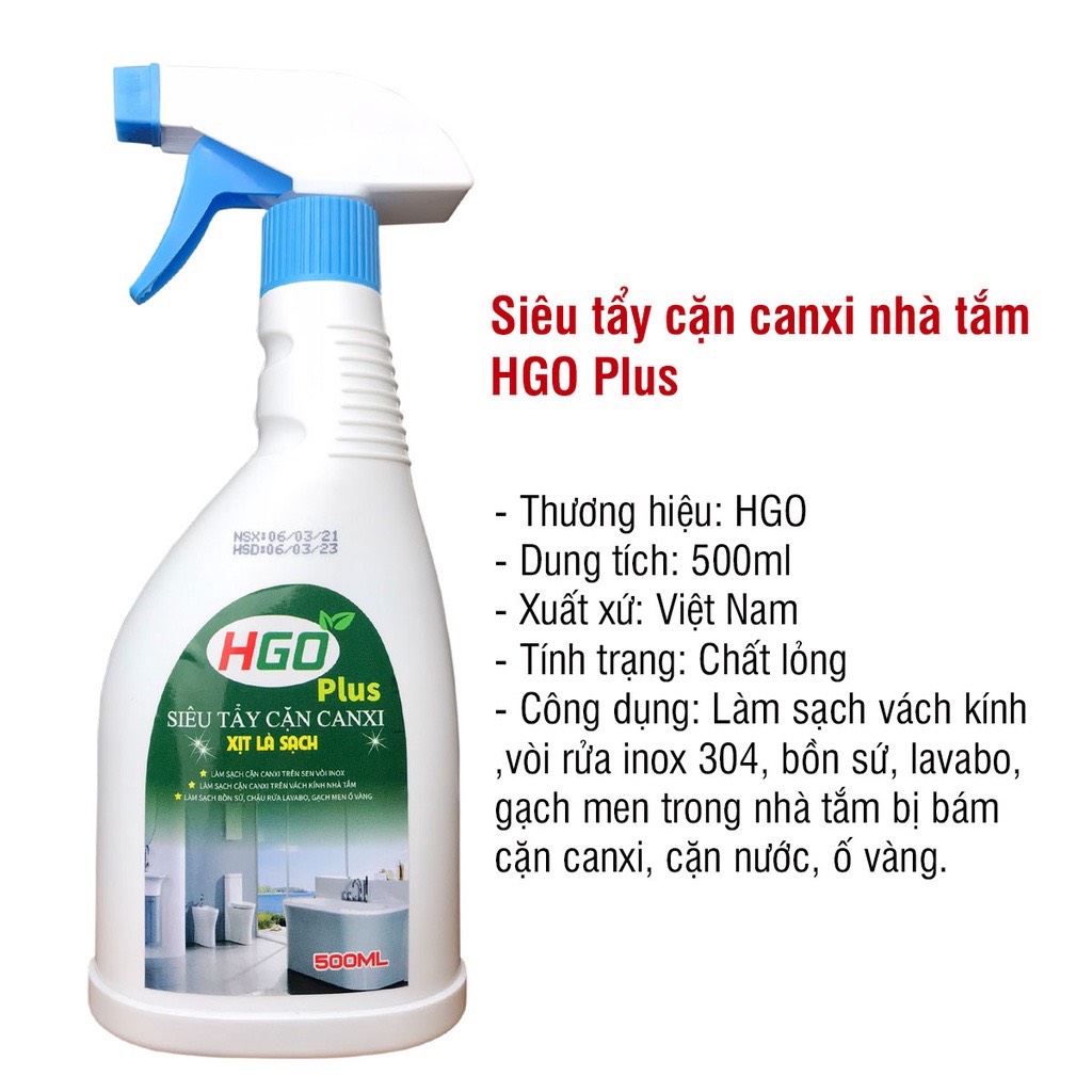 Tẩy cặn canxi HGO Plus tẩy sạch vách kính, vòi inox, bồn sứ, gạch men, gương soi nhà tắm an toàn tiện lợi 500ml