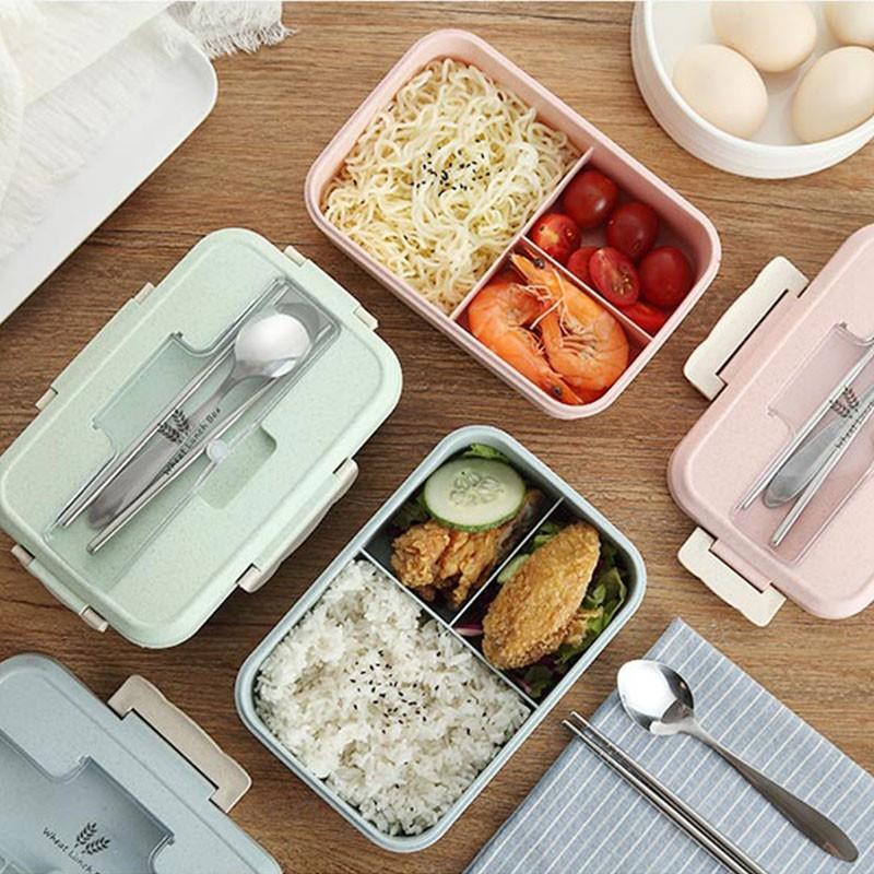 Hộp Đựng Cơm Lúa Mạch 3 Ngăn Kèm Thìa Đũa Inox Tiện Dụng