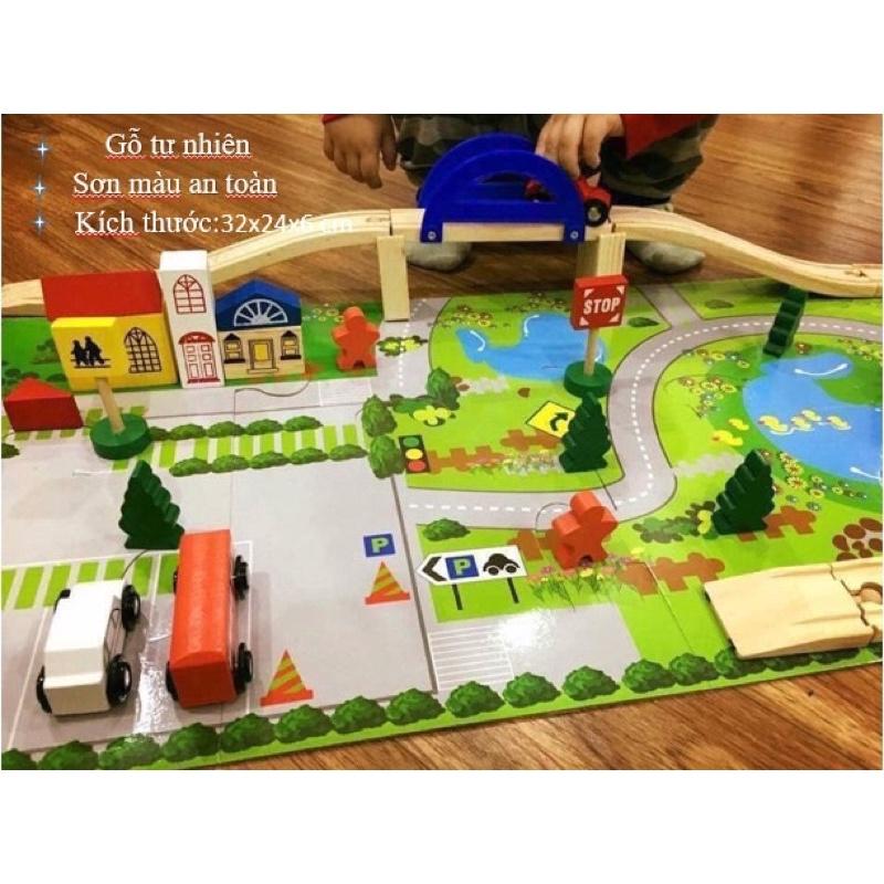 Bộ đồ chơi lắp ráp mô hình giao thông thành phố bằng gỗ đẹp,có 40 chi tiết,tặng kèm thảm cho bé