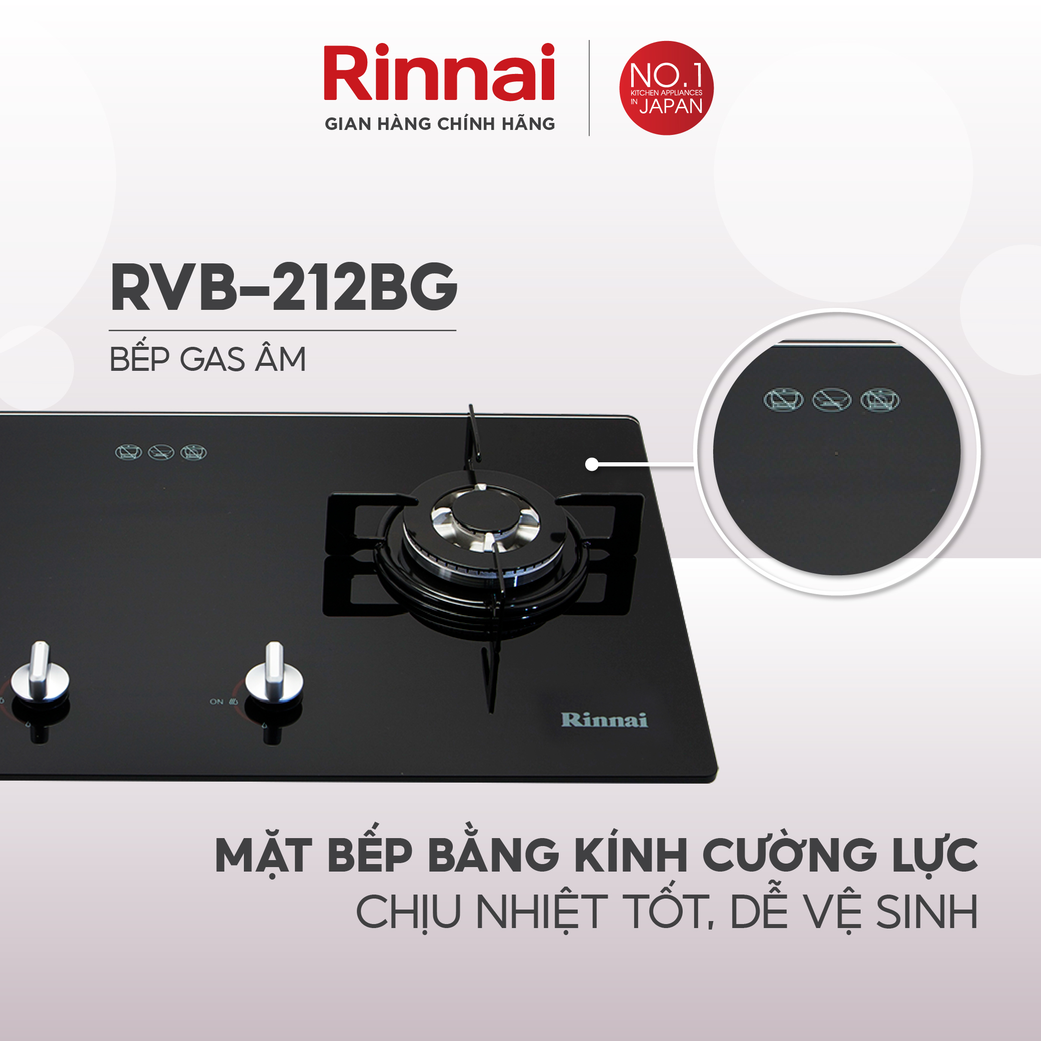 Bếp gas âm Rinnai Rinnai RVB-212BG mặt bếp kính và kiềng bếp men - Hàng chính hãng.