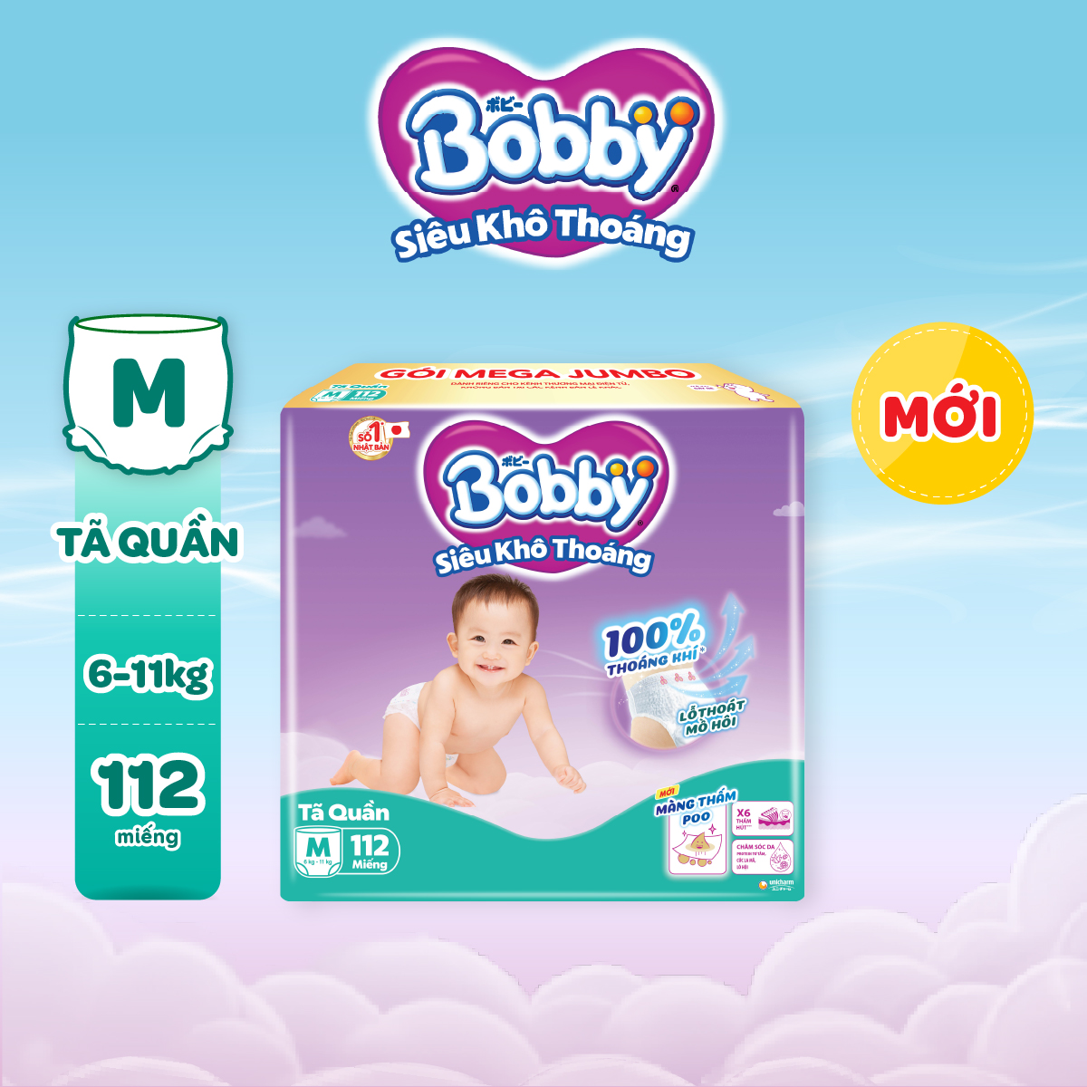 Tã quần Bobby Siêu Khô Thoáng - 100% Thoáng Khí Mega Jumbo M112