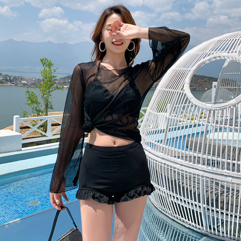 (Sẵn) Đồ bơi nữ tay dài kín đáo trẻ trung, Bikini đi biển 2 mảnh quần đùi, Set bikini buộc dây có áo choàng tắm