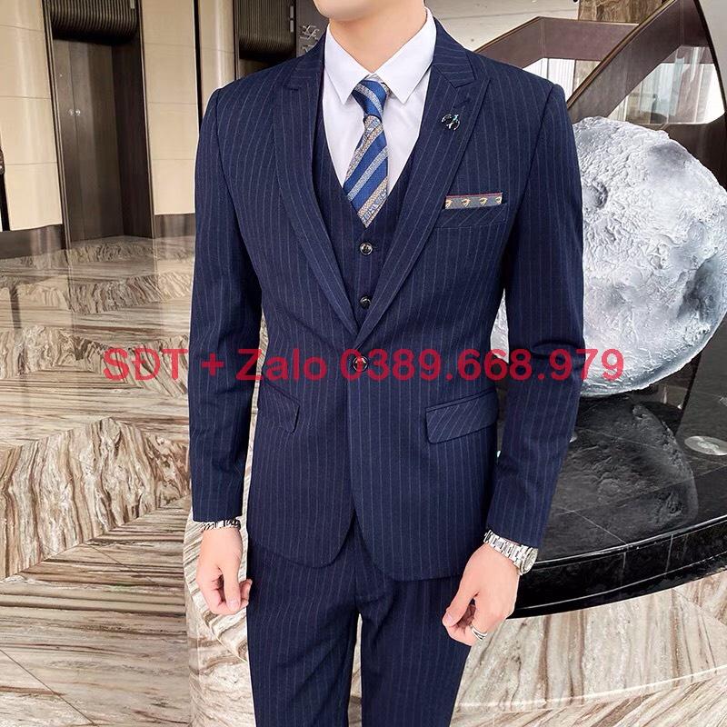 Bộ vest Nam cao cấp Hàn Quốc kẻ sọc màu xanh than, fom ôm đẹp, chất vải sịn