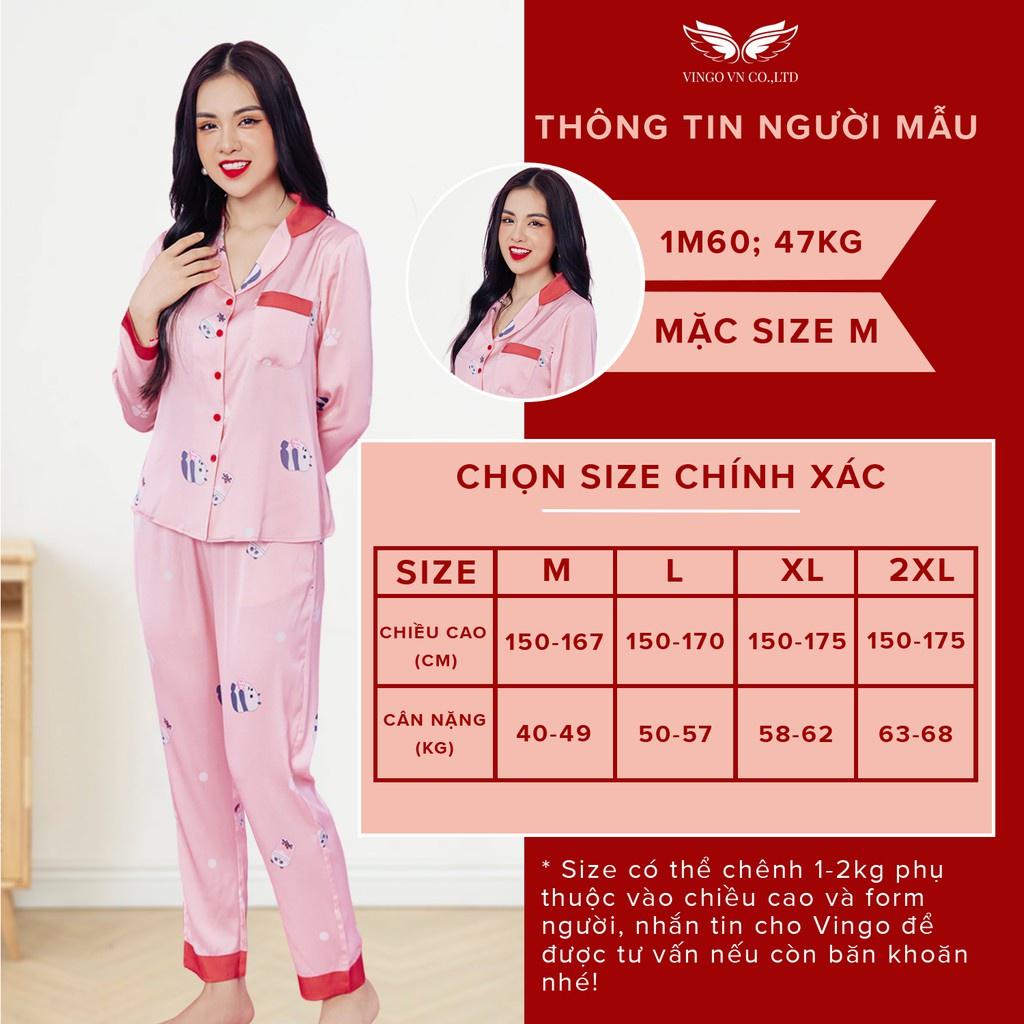 Đồ bộ nữ mặc nhà Pyjama VINGO Lụa Pháp cao cấp tay dài quần dài hình cốc trà sữa nền hồng mùa Thu Đông H561 VNGO - TDQD