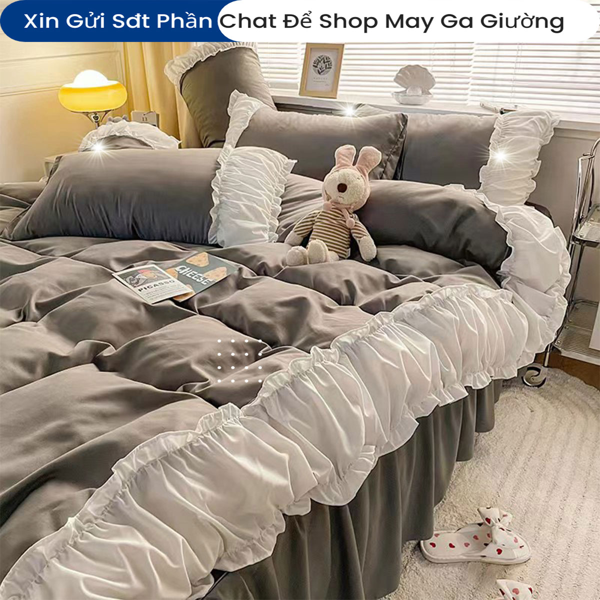 Bộ Chăn Ga Gối Cotton Tici Phối Bèo Cao Cấp Chuẩn Khách Sạn 5 Sao Bộ Chăn Drap Ga Gối Đệm Ra Nệm Trải Giường 5 Món