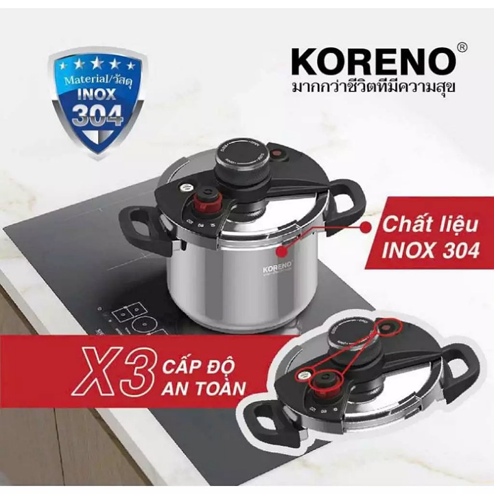 Nồi áp suất Inox 7L Koreno nấu bếp từ bếp ga thiết kế hiện đại an toàn 