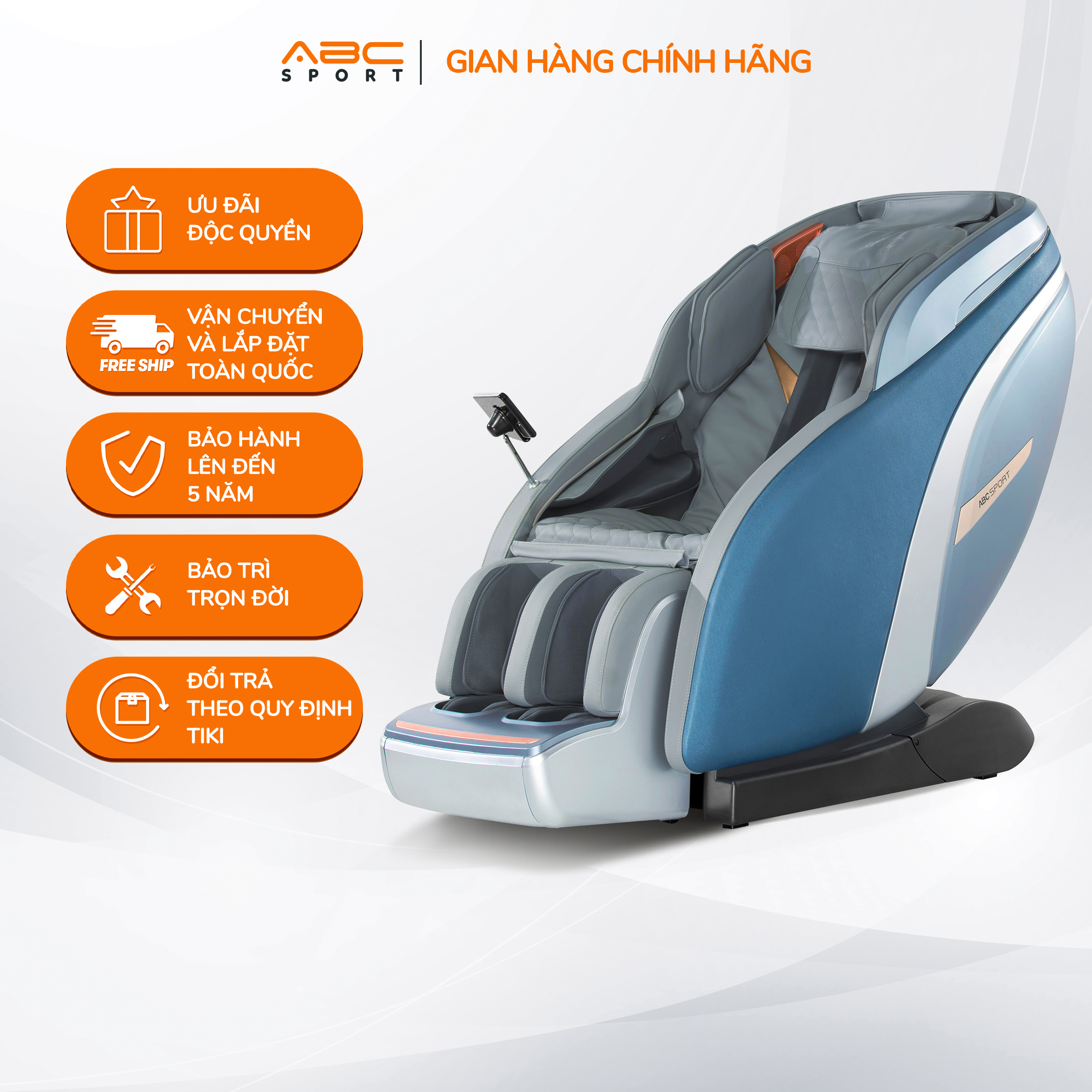 Ghế massage toàn thân ABCSport A8 công nghệ massage 4D PRO, hệ thống túi khí toàn thân co bóp nhịp nhàng, kết hợp 10 bài massage tự động, áp dụng phương pháp massage Nhật Shiatsu