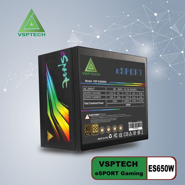 VSPTECH ES650W (650W) (LED màu ngẫu nhiên RGB, Chuẩn 80Plus, Chuyên Main 2CPU)