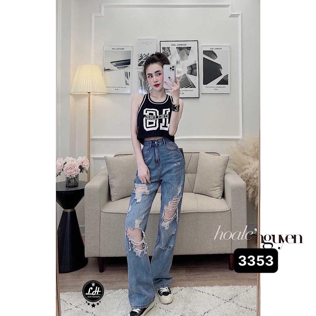 Quần jean rách te tua nữ ống rộng ulzzang cạp cao Lê Huy Fashion MS 3353