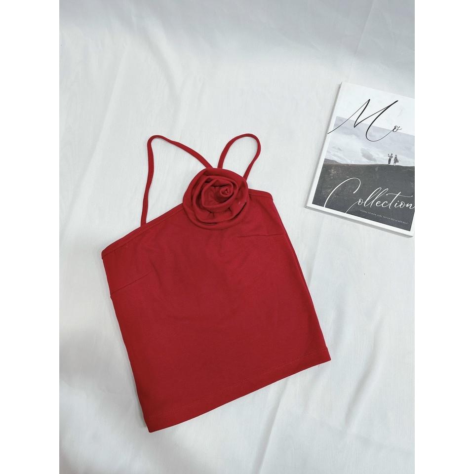 ÁO CROPTOP ÔM BODY ĐÍNH HOA HỒNG DÂY CHÉO CỰC SEXY VÀ SANG TRỌNG