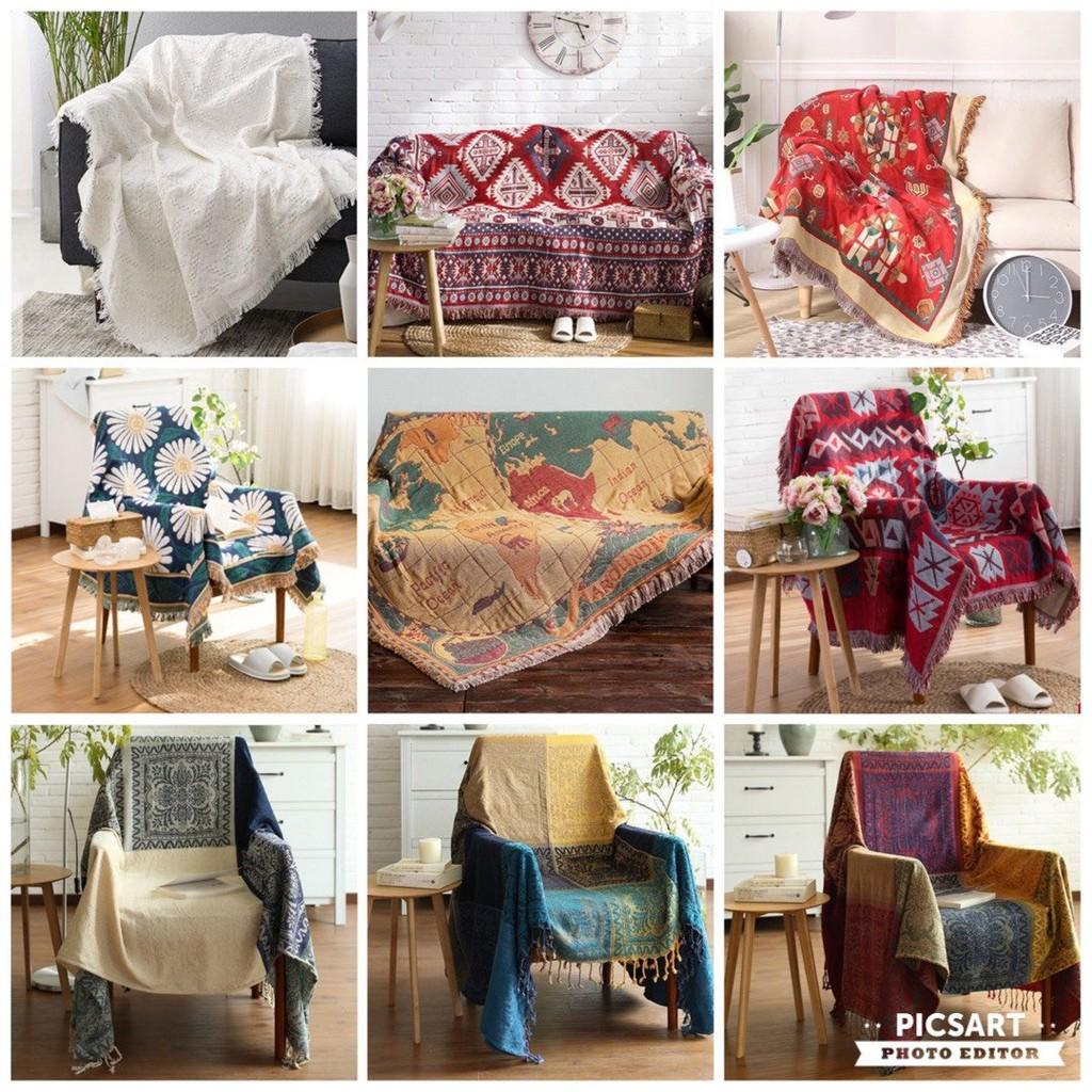 Thảm phòng khách, Khăn phủ sofa vintage chất liệu cotton dệt cao cấp