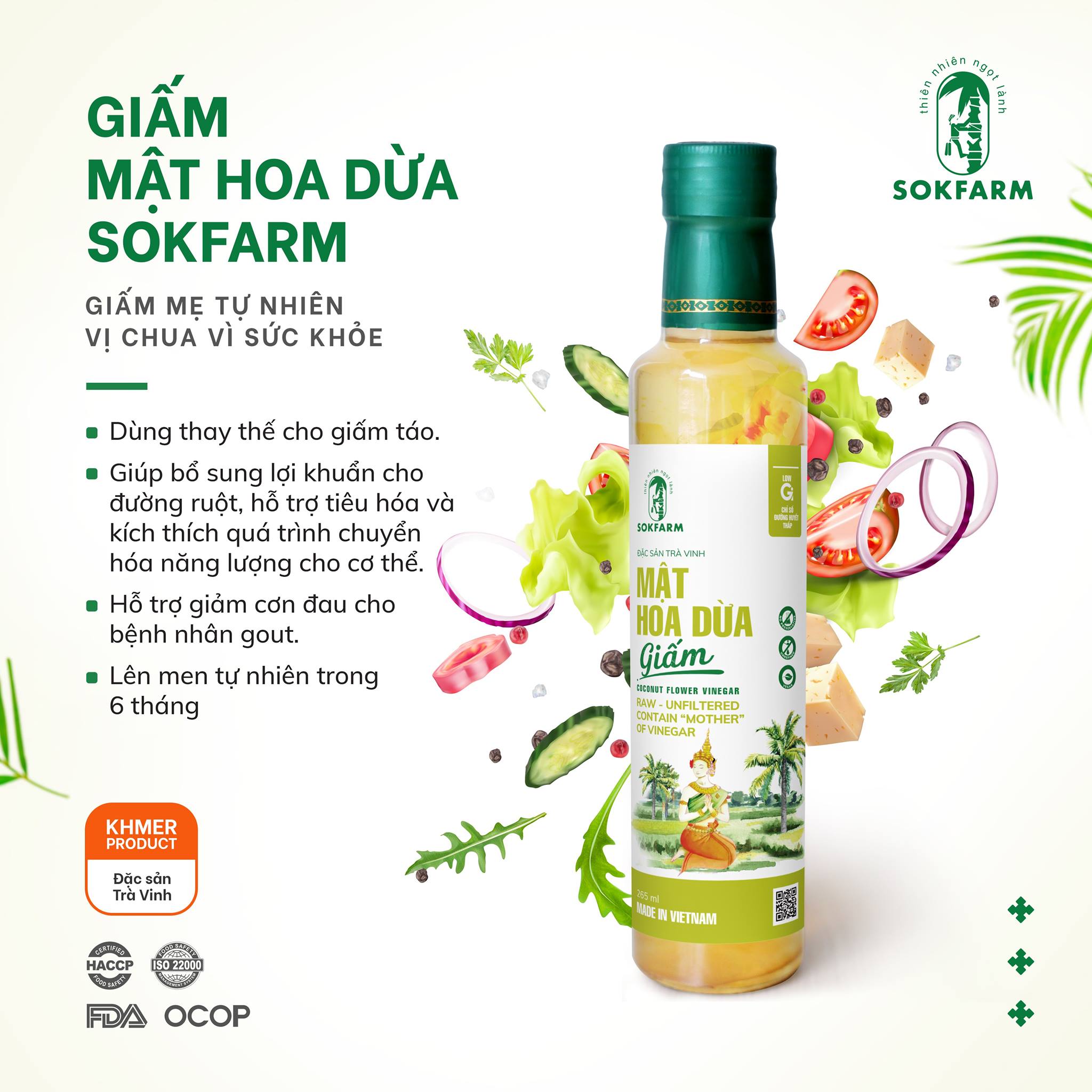 Dấm mật hoa dừa Sokfarm - 265ml - Bổ sung lợi khuẩn, kích thích tiêu hóa, hỗ trợ giảm đau cho người bị GUT, lên men tự nhiên trong vòng 6 tháng