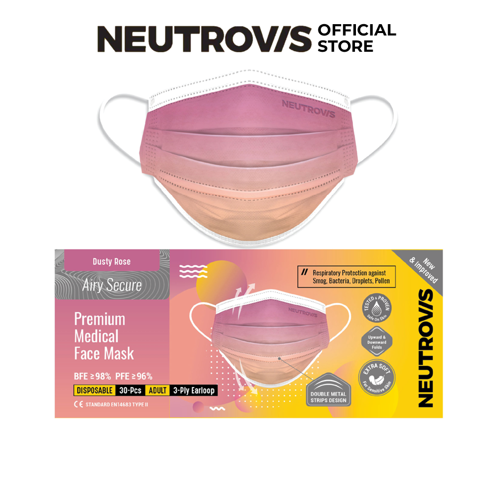 Khẩu Trang Cao Cấp Kháng Khuẩn 3 Lớp Neutrovis - Dusty Rose (30 Cái/Hộp)