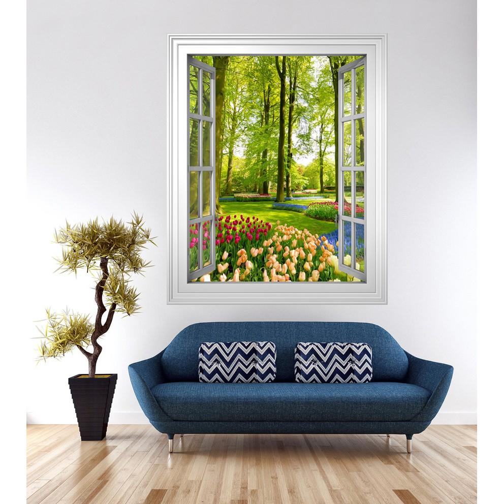 Tranh dán tường cửa sổ HD Vườn hoa tulip CS-0033D Kim sa