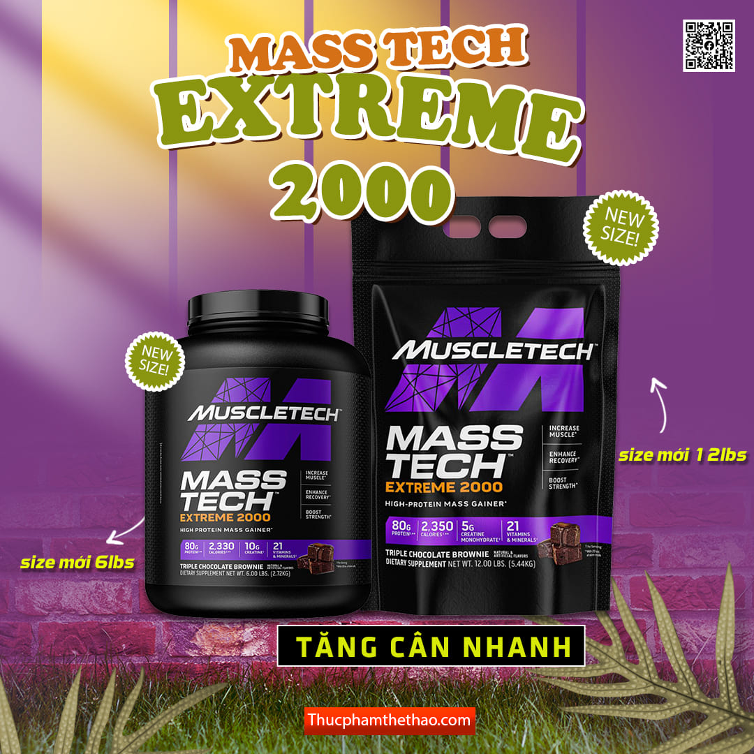 Sữa tăng cân MuscleTech - Mass Tech Extreme 2000 bịch 12lbs (5.4kg) - Nhiều Mùi Vị - Kèm Quà Tặng - Chính Hãng USA