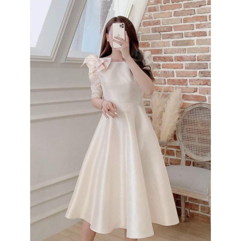 Đầm váy nữ xòe tay bồng phối nơ vai TKN