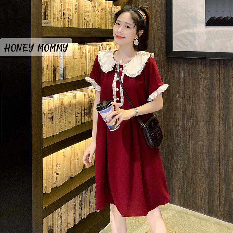 Váy Bầu Hè Ngắn Tay Cổ Sen Phối Tay Bèo Váy Bầu Thời Trang HD2613 Honey Mommy