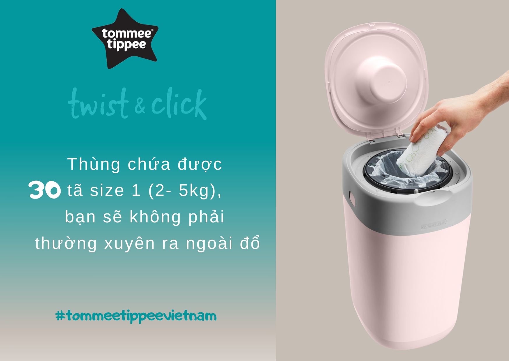 Thùng xử lý tã cho bé Tommee Tippee - Twist &amp; Click - Hồng