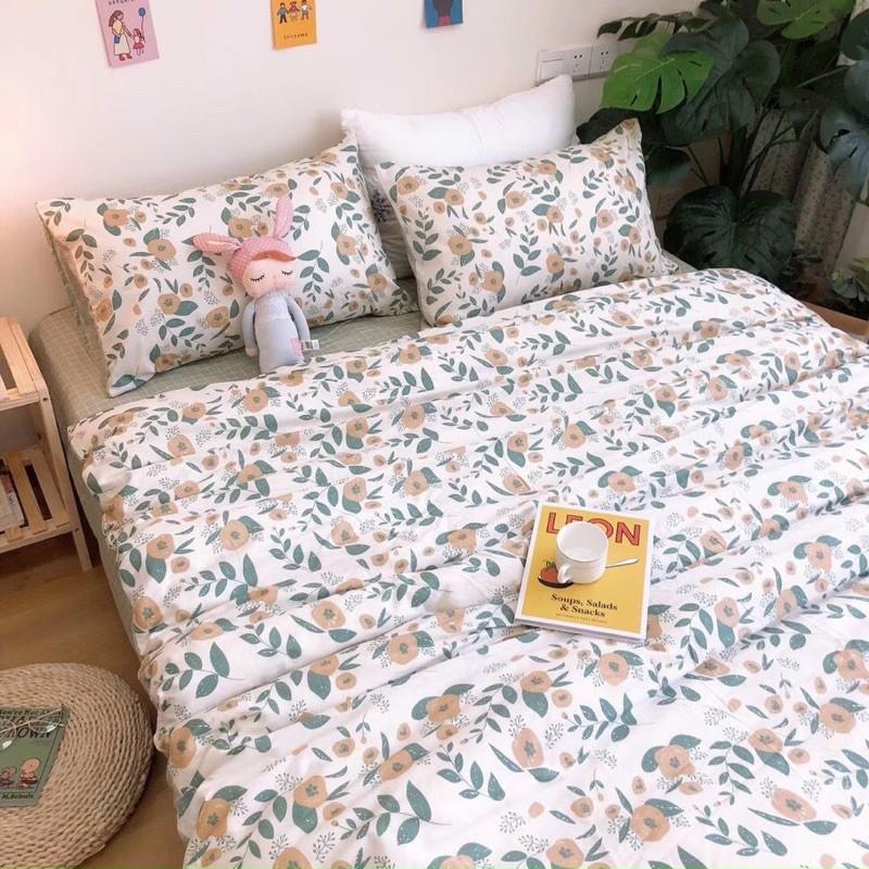 Set Chăn Ga Gối Cotton Living Hàng Nhập khẩu Cao Cấp 4 Món Hoa trắng Vintage