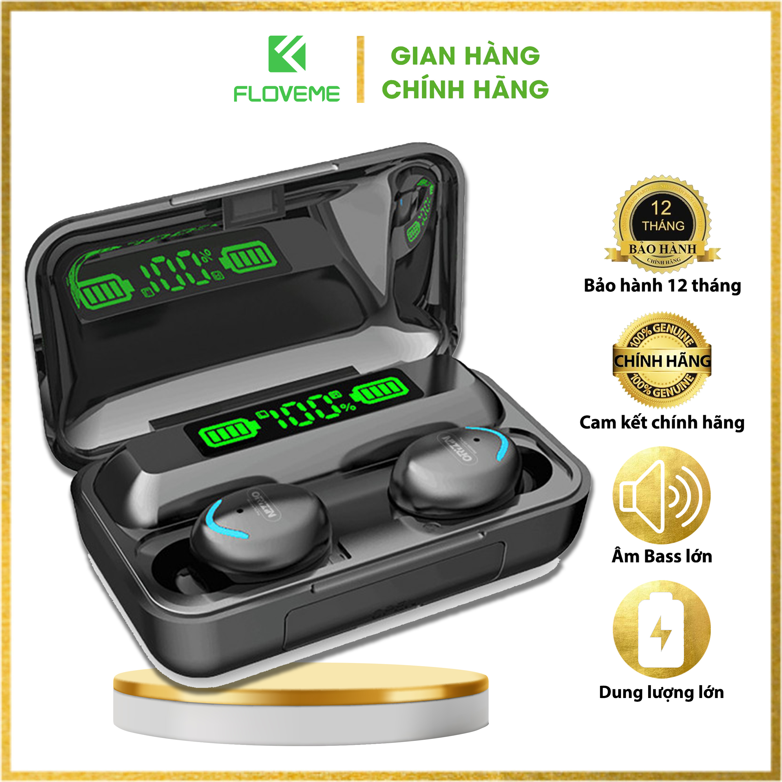 Tai Nghe Bluetooth 5.0 FLOVEME F9 Pro Không Dây True Wireless - Chống Nước IPX7  - Cảm Ứng Kiêm Sạc Pin Dự Phòng - Hỗ trợ tất cả điện thoại - Hàng chính hãng