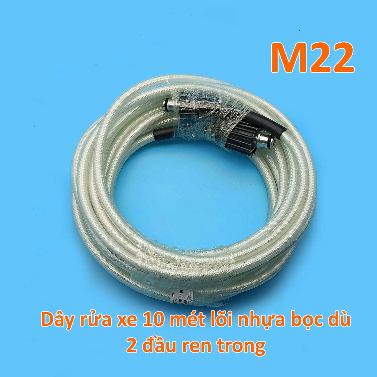 Dây rửa xe áp lực 16MPa 10m, lõi nhựa bọc dù trắng, hai đầu ren trong to M22