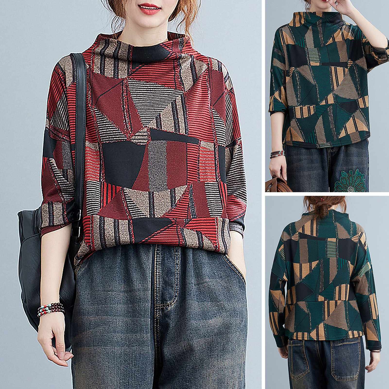 Women Autumn T-Shirt Turtleneck Long Sleeves Sweaters Geometric Print Loose Fit Casual Pullover