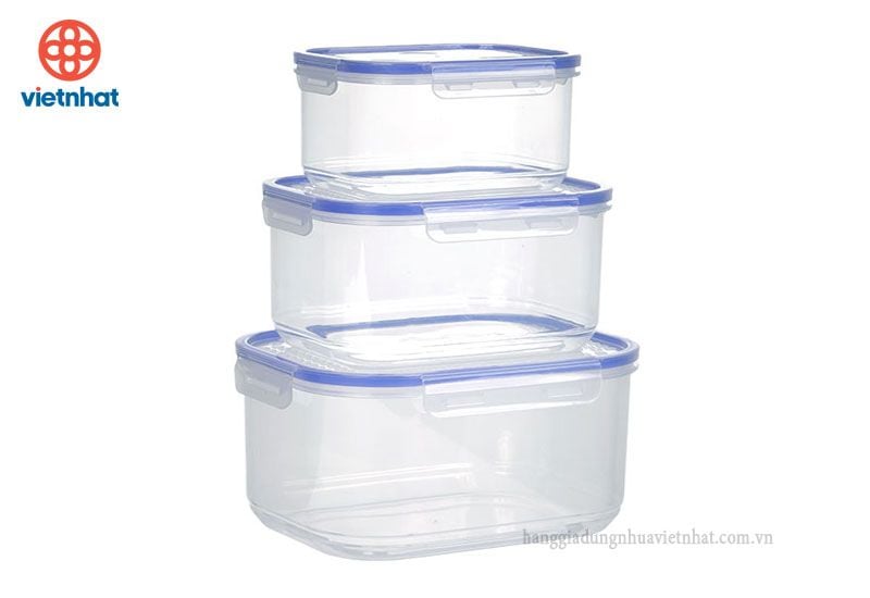 Bộ 3 Hộp Đựng Thực Phẩm Cao Cấp Việt Nhật Mã 6532 Bảo Quản Thực Phẩm Trong Tủ Lạnh Nắp Đậy Có Ron Chống Tràn, Chống Đổ