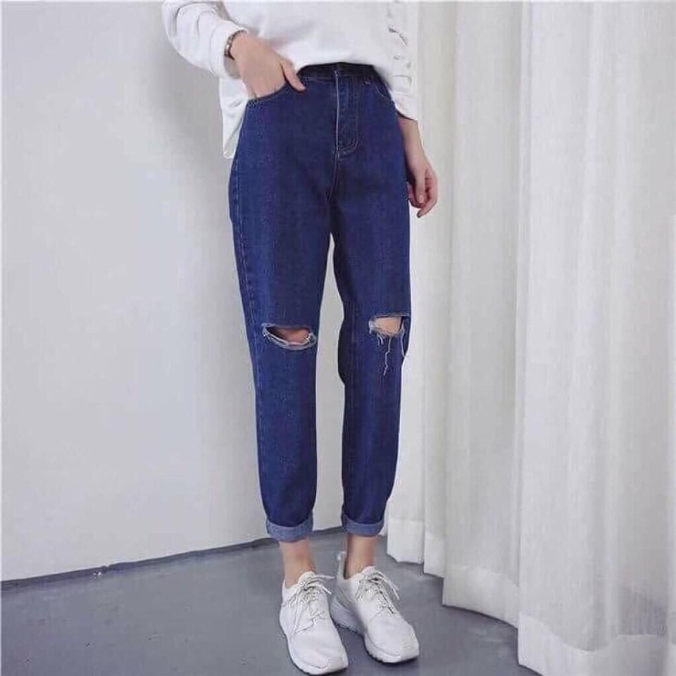 Quần Baggy Rách 2 Gối Xanh Sáng/Xanh Đậm - Đứng Form