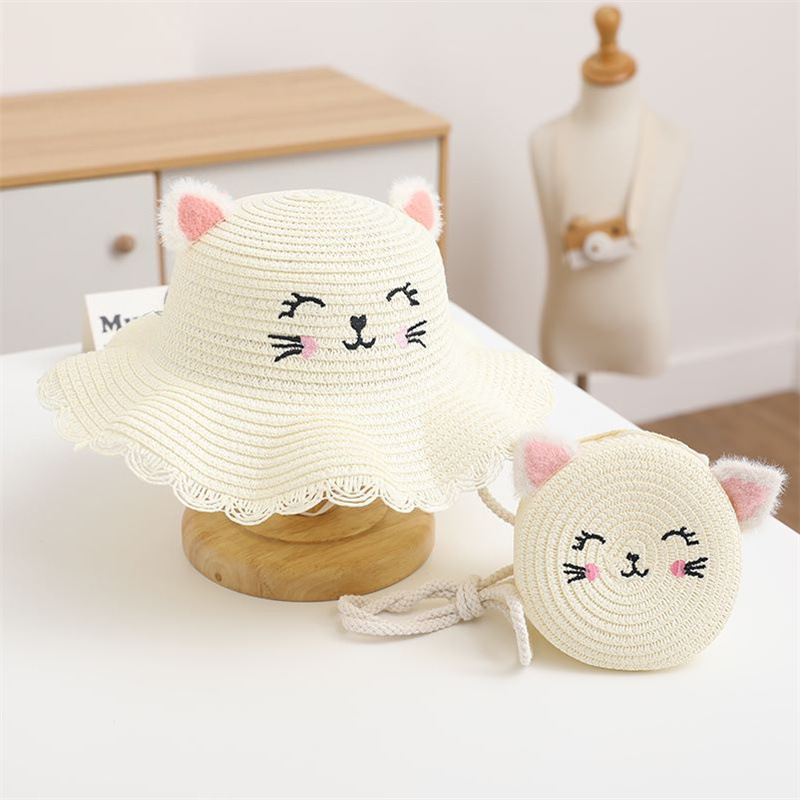 Nón cói đi biển chụp hình cho bé 2 - 12 tuổi - nón rộng vành cho bé - nón hình con mèo có tai cute cho bé gái ( tặng kèm 01 chiếc kẹp tóc đẹp)