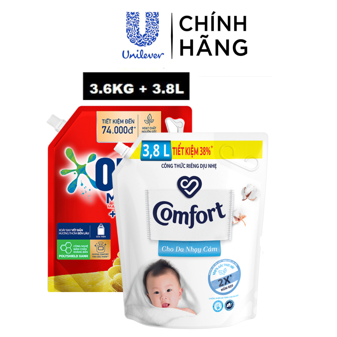 Combo Nước Giặt Omo Matic Comfort Cửa Trên Hương Tinh Dầu Thơm Xoáy Bay Vết Bẩn, Hương Thơm Bền Lâu 3.6Kg + Nước Xả Comfort Chăm Sóc Dịu Nhẹ Cho Da Nhạy Cảm 3.8L