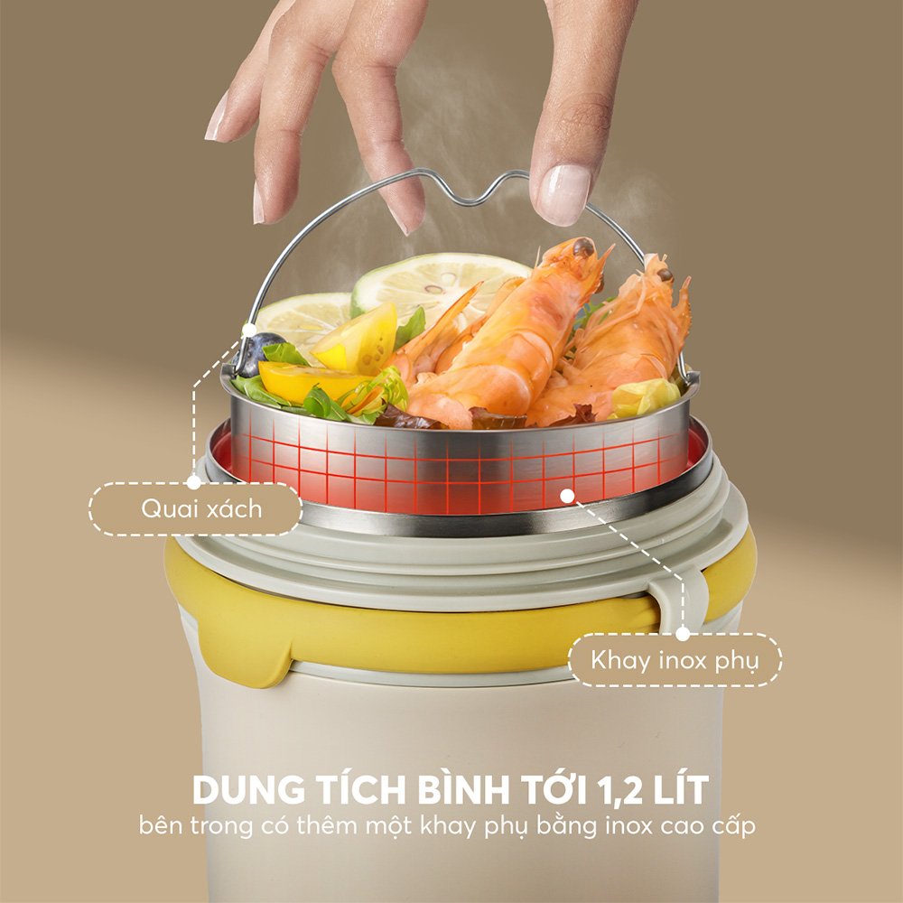 Bình đựng thức ăn giữ nhiệt inox 304 Elmich EL8310 1.2L, Hàng chính hãng, quai xách silicone,nắp có thể tháo rời-JoyMall