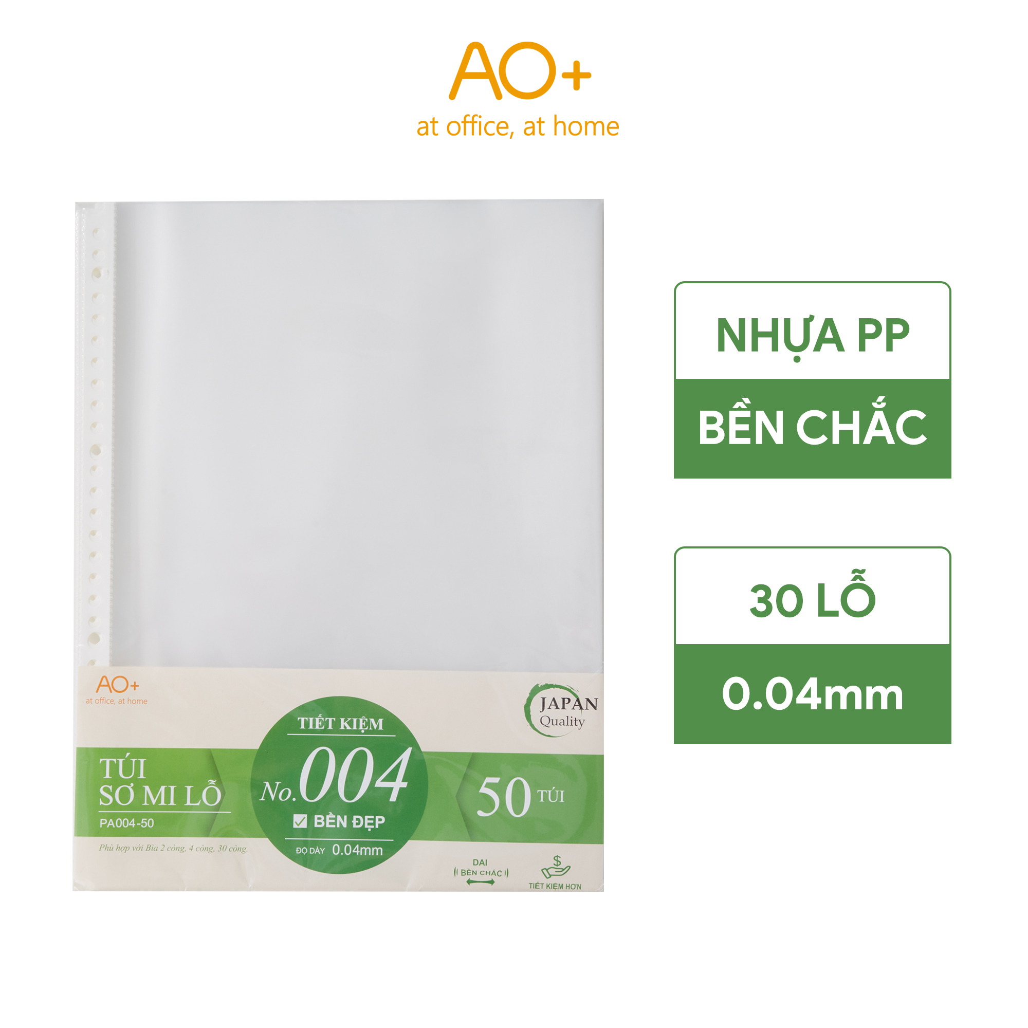 Bìa Lỗ A4, Túi Sơ Mi Lỗ AO+ dày 0.04 mm đựng tài liệu văn phòng dùng với bìa còng PA004