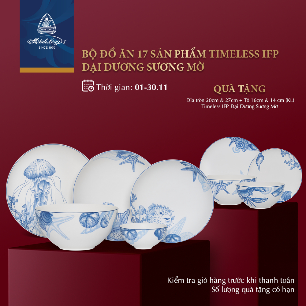 (ƯU ĐÃI BLACK FRIDAY) Bộ Chén Dĩa Sứ Minh Long 10 người 17 sản phẩm - Timeless - Đại Dương Sương Mờ