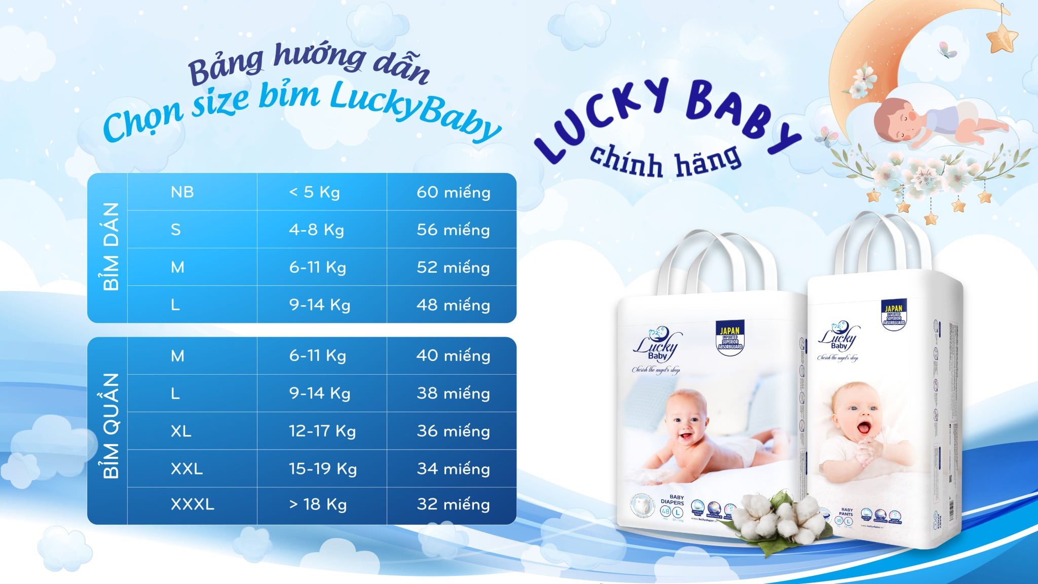 Tã Bỉm Dán Lucky Baby Không Huỳnh Quang, Siêu Thấm Hút L48 (9-14kg)