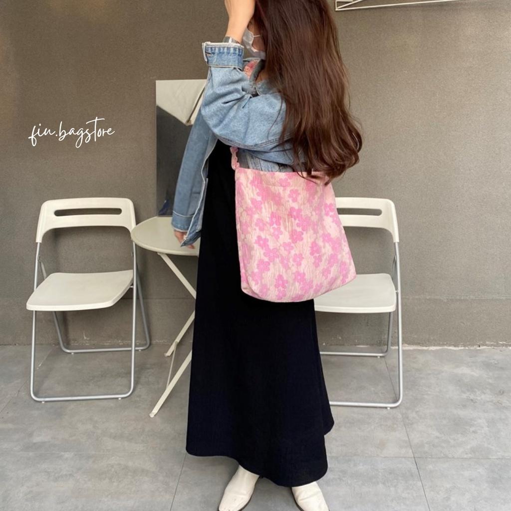 Túi Vải Đeo Chéo Hoa Hồng Dây Rút