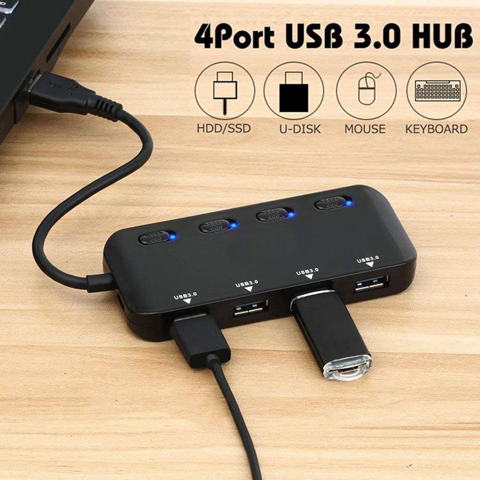 Powered USB 3.0 Hub, 4 Port USB Hub Splitter Portable USB Data Hub Expander with Individual on/Off Switch, USB 3.0 Cable
