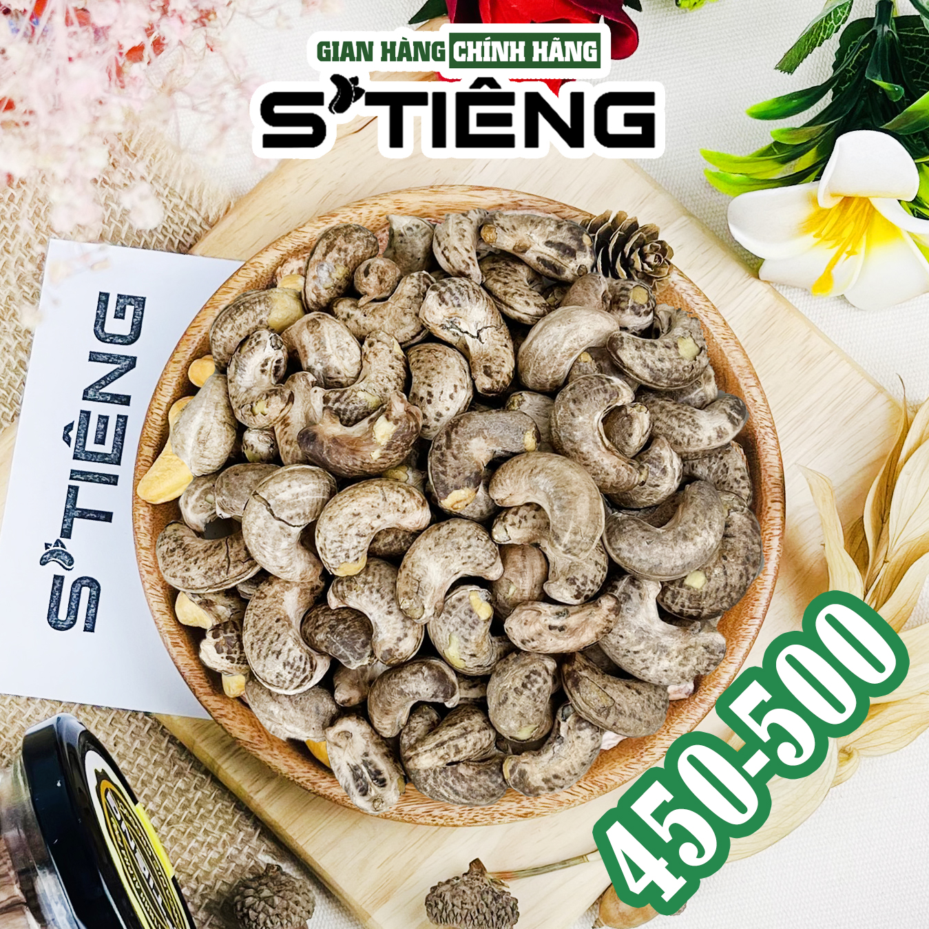 500Gr Hạt Điều Rang Muối Nguyên Hạt S'TIÊNG Hộp Xếp Hoa Đẹp Mắt