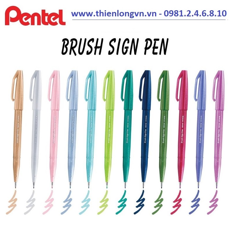 Bộ 12 cây bút lông viết thư pháp hiện đại Pentel SES15C màu mới - Calligraphy Fude Touch Sign